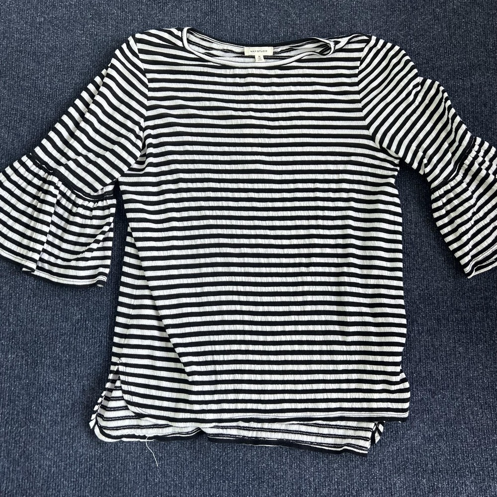 Y2K Max Studio Shirt Womens Medium Black White Stripe Ruffle Bell 3/4 Sleeve Top